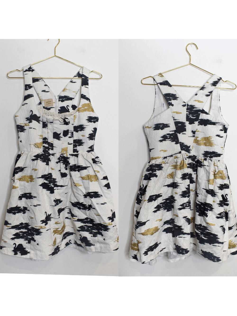 Twinkle by Wenlan Cream Gold Charcoal Brocade A Line Short Sleeveless Dress - 6